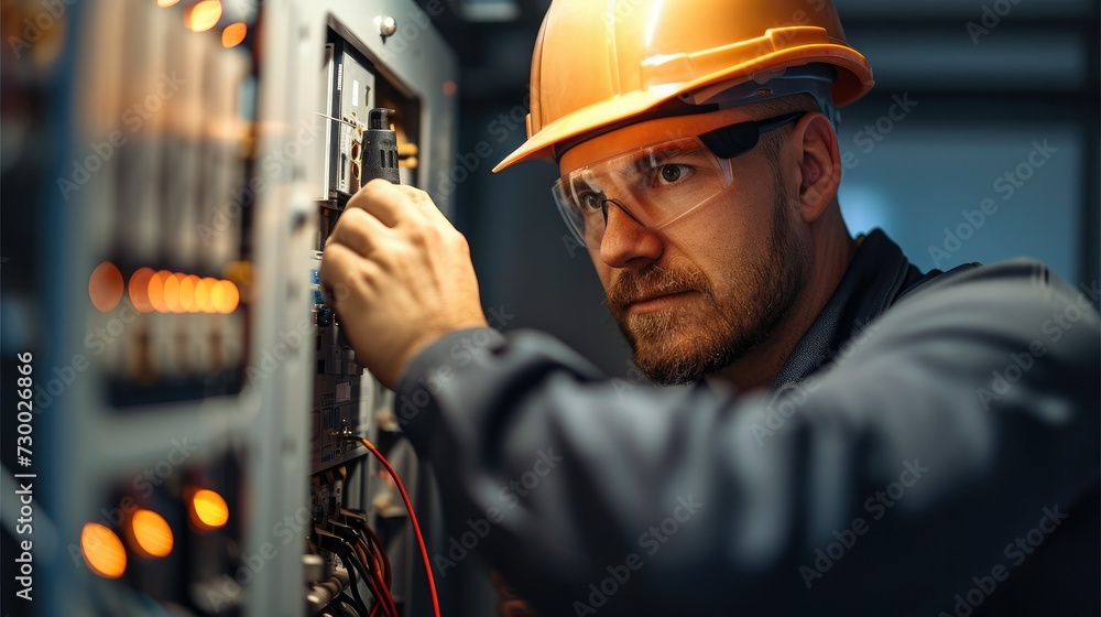 Poster the electrician is repairing a faulty circuit breaker in a home. generative ai.