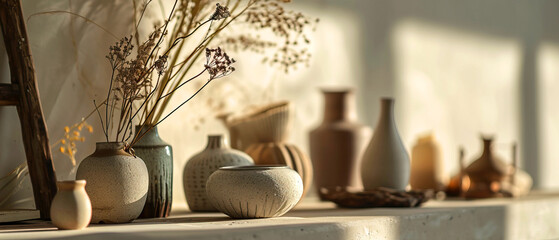 Handmade ceramic dishes and vases with flowers on the table, making ceramics web banner with copy space