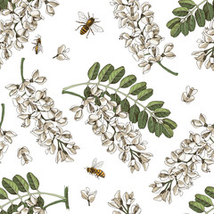 Seamless pattern with blooming acacia and honey bees