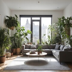 Naklejka premium Interior design of a modern living room with indoor plants. Interior design and the urban jungle.