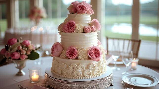Wedding cake, A three-tiered wedding cake with white frosting and pink flowers, sitting on a table with a white tablecloth. Generative AI.