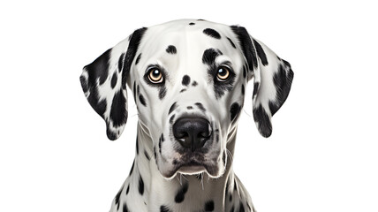 Closeup of Dalmatian dog face isolated on white transparent PNG background