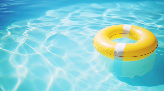 Yellow pool float, ring floating in a refreshing blue swimming pool