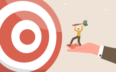 Leadership for helping employees achieve business goals, intelligence or motivation for high results, mentoring for accuracy in goal setting, career growth, man throws dart from large hand at target.