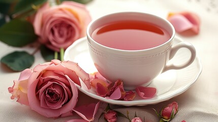 Obraz na płótnie Canvas A cup of rose tea, Cup of tea with pink rose. Generative AI.