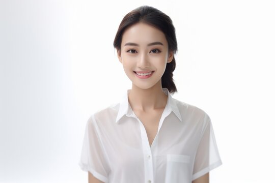 Charming Asian Employee, In a striking portrait, a young Asian businesswoman emanates elegance and professionalism against a simple white background. Generative AI.