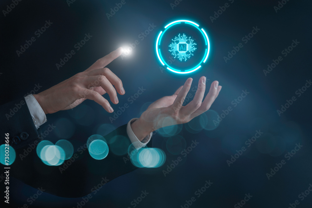 Poster hand holding of ai symbolic, artificial intelligence of futuristic technology.transformation of idea