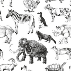 Seamless pattern with hand drawn extinct animals