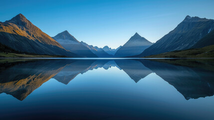 Reflection of majestic mountains on a calm lake in the morning under a blue sky - obrazy, fototapety, plakaty