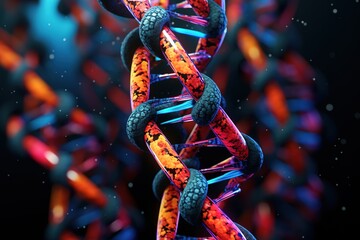 Genetics and medical science concept. shiny DNA molecule colorful background. Genetic research and biotech science concept. Human biology technology Generative AI - obrazy, fototapety, plakaty