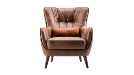 Brown luxury modern leather armchair sofa isolated, transparent PNG background