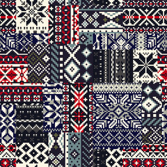 Norwegian traditional knitted snow flakes jacquard patchwork abstract winter textile vector seamless pattern for sweater fabric wallpaper tablecloth pillow wrapping