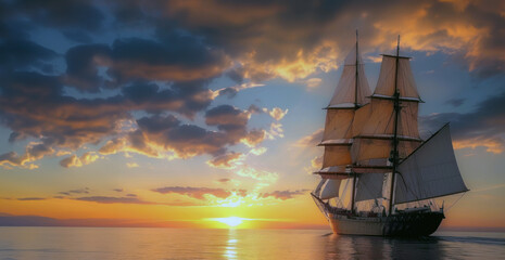 Obraz premium Beautiful ship with sails on the water at sunset. Sky with warm golden hues