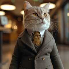A cat in a formal suit and tie standing in an office. Generative AI.
