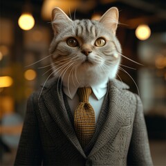 A cat in a formal suit and tie standing in an office. Generative AI.