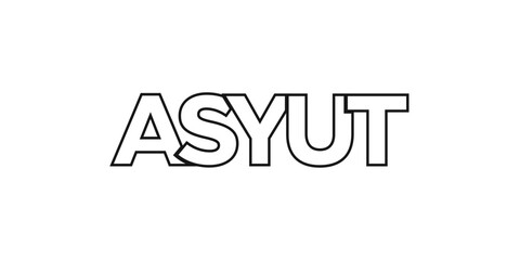 Asyut in the Egypt emblem. The design features a geometric style, vector illustration with bold typography in a modern font. The graphic slogan lettering.