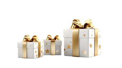 Golden gift box with ribbon isolated, transparent PNG background
