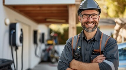 A man electrician smiling and installing a home charging, installing charging station for electric car at private house. Generative AI.