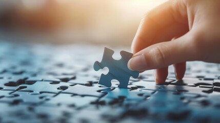 Success and strategy business concept, Close-up hands of woman connecting jigsaw puzzle.