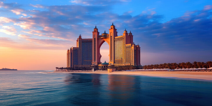 Building with an arch against the backdrop of a stunning sunset