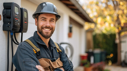 A man electrician smiling and installing a home charging, installing charging station for electric car at private house. Generative AI.