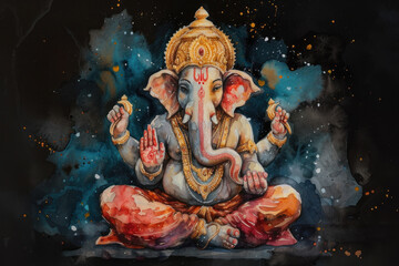 Ganesha, Hinu God, Watercolor Illustration, Generative AI