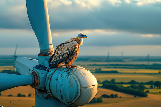 Vulture perched on top of a wind turbine