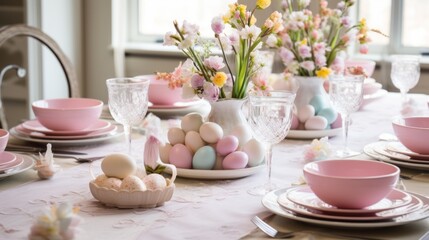 Fototapeta na wymiar Beautiful dinner table decorated with colorful easter eggs for the holy day of easter. Celebration of the Christian holiday easter. Diner table on a religious day. Decorated luxury eggshells.