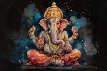 Ganesha, Hinu God, Watercolor Illustration, Generative AI