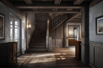 Cosy and rustic interior of the living room. Room has wooden floors and walls. Staircase with wooden steps and railings leads to another level of the house