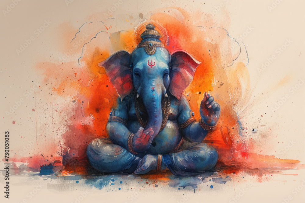 Wall mural ganesha, hinu god, watercolor illustration, generative ai