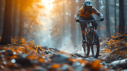 Downhill mountain biking man on the rocky street with forest background. Bright afternoon sunshine. Ground level viewpoint