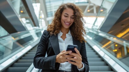 Smiling young business woman wearing suit standing on urban escalator