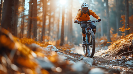 Downhill mountain biking man on the rocky street with forest background. Bright afternoon sunshine. Ground level viewpoint - obrazy, fototapety, plakaty