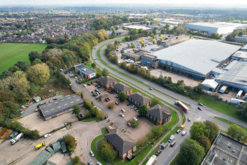 Fototapeta na wymiar An Aerial View of Warehouse Buildings at Business Retail Park at Northampton City of England, UK, October 25th, 2023