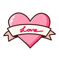 pink heart with love text on the ribbon. simple sketch for saint valentine day 