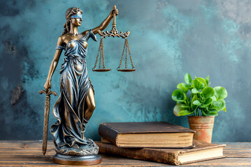 Lady Justice Statue with Scales and Sword on Desk - obrazy, fototapety, plakaty