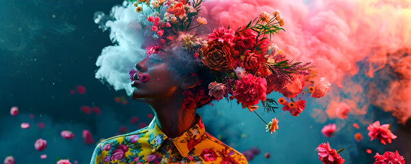  Surreal abstract image of a woman with flowers on her head and colored smoke, summer abstract background