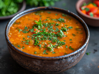 Vegetable soup with lentils and parsley in a bowl. Traditional moroccan red lentil soup with paprika and parsley.