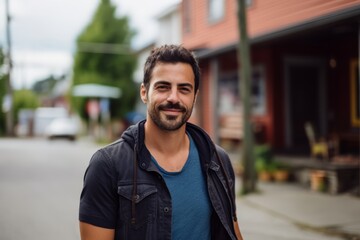 Portrait of a handsome young man with a beard standing in the street