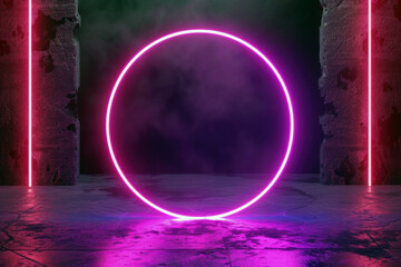 Futuristic neon round shape. Portal is surrounded by a bright pink and purple glow