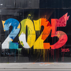 Happy new year rainbow colorful 2025 painted on the wall. Colorful graffiti. Detail of graffiti on a wall in Manhattan. A mural is any piece of artwork painted or applied directly on a wall.