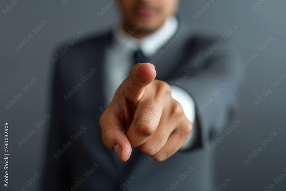 Aufkleber Modern futuristic businessman pointing his finger up pressing an empty virtual touch screen, Businessman finger point to empty space. Generative AI.