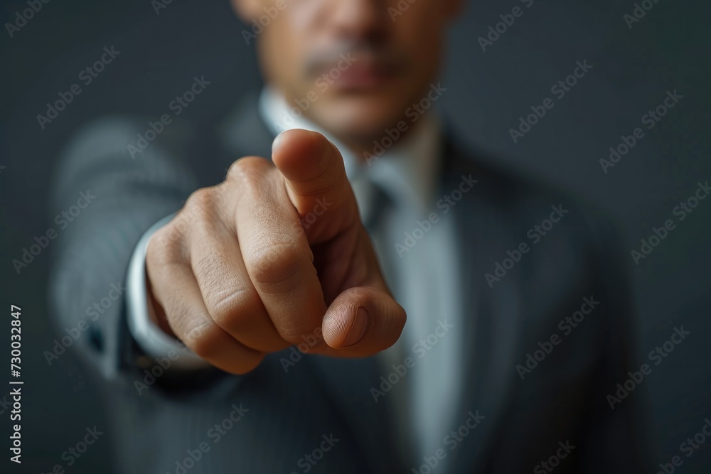 Aufkleber Modern futuristic businessman pointing his finger up pressing an empty virtual touch screen, Businessman finger point to empty space. Generative AI.