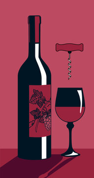 Bottle of red wine with glass and corkscrew. Minimalistic and flat color drawing. Vector illustration