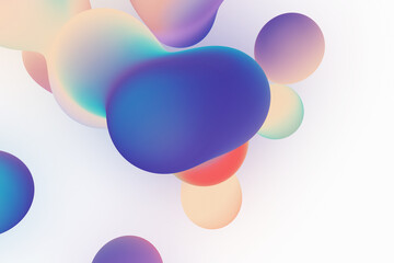 Vibrant 3D metaballs with a soft iridescent gradient floating on a gentle backdrop, creating a playful yet modern wallpaper design