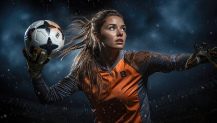 female soccer goalkeeper catches the ball with her hands