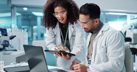 Science, teamwork and scientist with tablet in laboratory for communication, pharmaceutical review or planning. Employees, collaboration and technology for research, discussion and digital analysis - Powered by Adobe