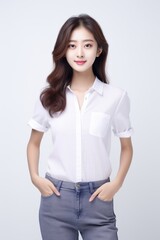Obraz premium Elegant Asian Executive, Graceful and confident, an Asian businesswoman office woman shines in a captivating portrait set against a clean white background. Generative AI.