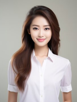 Elegant Asian Executive, Graceful and confident, an Asian businesswoman office woman shines in a captivating portrait set against a clean white background. Generative AI.